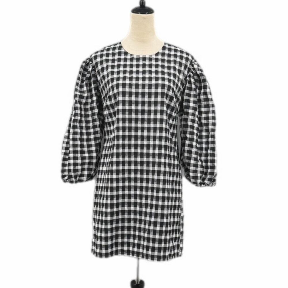 J. Crew Black & White Puckered Plaid Puff 3/4 Sleeve Mini Chic Preppy Dress